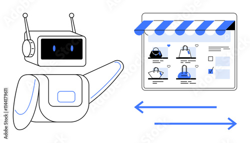 Friendly robot assisting with online shopping on an e-commerce website showcasing various products. Ideal for e-commerce, AI integration, retail marketing, customer service, tech innovation, online
