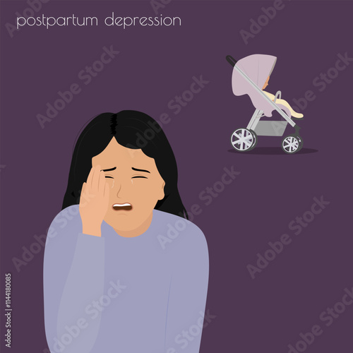 Postpartum depression. woman crying. Young mother needs psychological help. Mood disorder. Vector illustration
