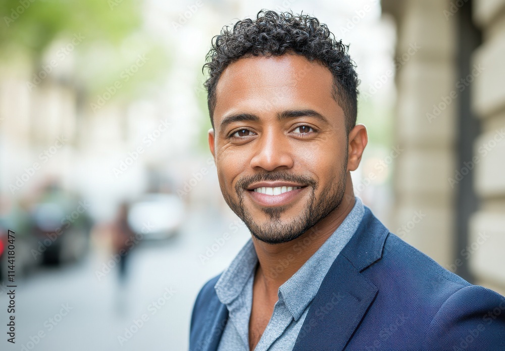 Smiling young man with curly hair wearing a suit jacket and shirt while standing outdoors in a city environment showcasing confidence and approachability Smiling young man with curly hair wearing a suit jacket and shirt while standing outdoors in a city environment showcasing confidence and approachability