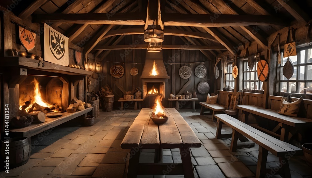 Fototapeta premium Warmth of the Mead Hall A Cozy Viking Gathering Place