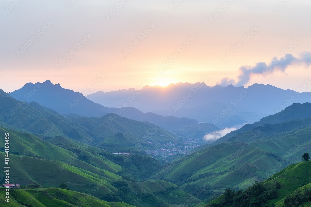 Serene sunrise over lush green mountain valley. Serene sunrise over lush green mountain valley.
