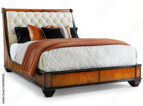 Elegant tufted bed frame with plush pillows and cozy blanket photo