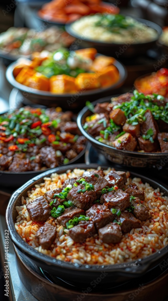 Obraz premium Sampling traditional Mongolian cuisine: Enjoy dishes like khushuur, plov, and airag.