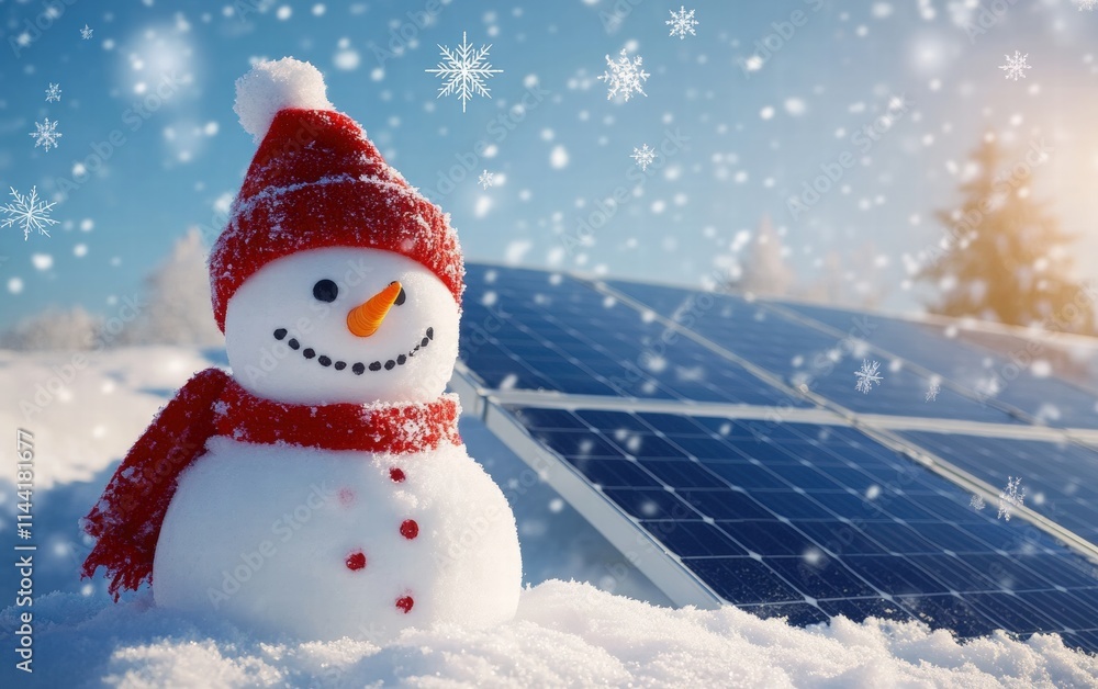 Fototapeta premium A smiling snowman next to a clean solar panels, both surrounded by tiny snowflakes on a bright white surface