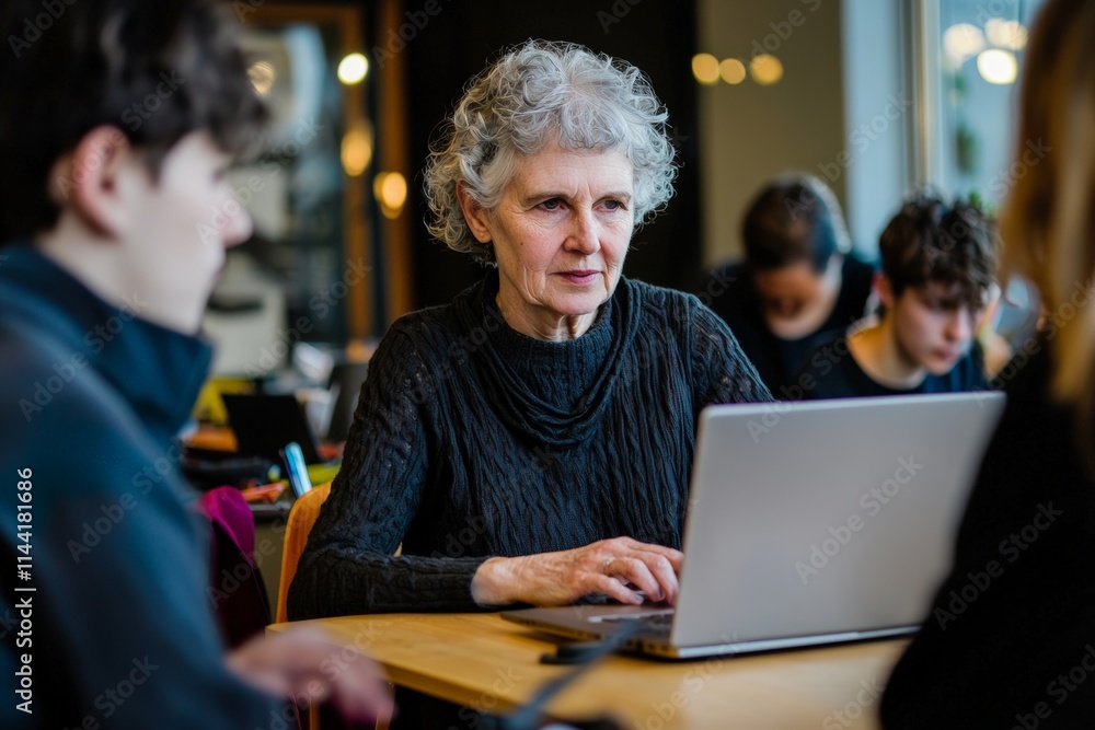 Senior woman working on a laptop in a coworking space, surrounded by younger colleagues. Collaboration, generational diversity, tech-savvy concept. Senior woman working on a laptop in a coworking space, surrounded by younger colleagues. Collaboration, generational diversity, tech-savvy concept.