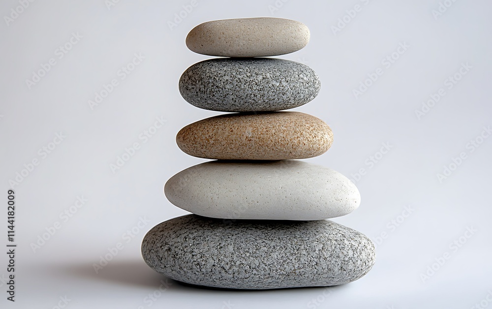 Stacked smooth stones of varying colors and textures on a light gray background. Stacked smooth stones of varying colors and textures on a light gray background.