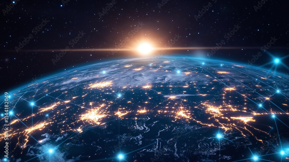A view of earth from space with digital connection, the concept of global connection and network A view of earth from space with digital connection, the concept of global connection and network