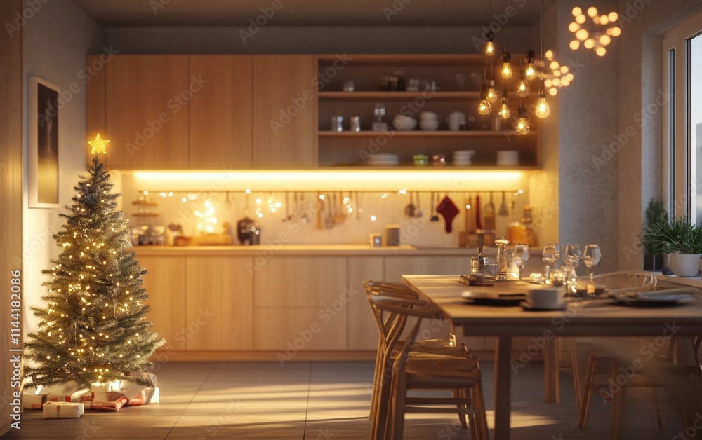 A Scandinavian-inspired kitchen with light wood furniture and a glowing Christmas tree nearby A Scandinavian-inspired kitchen with light wood furniture and a glowing Christmas tree nearby
