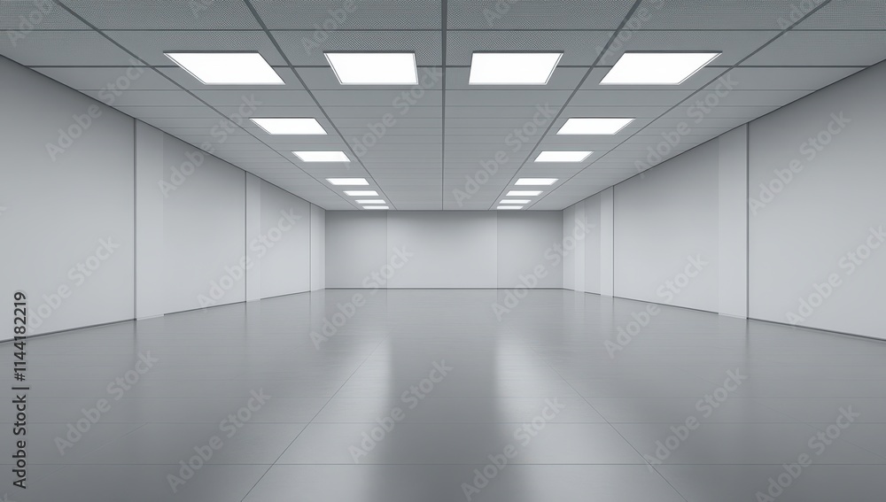 Spacious, Empty, Modern Indoor Room with Smooth Floor and Bright LED Ceiling Lights Ideal for Creative Design, Showroom, Office, or Event Use with Versatile Layout Options Spacious, Empty, Modern Indoor Room with Smooth Floor and Bright LED Ceiling Lights Ideal for Creative Design, Showroom, Office, or Event Use with Versatile Layout Options