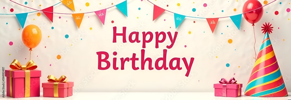 A joyful birthday banner adorned with a gifts and delightful balloons, perfect for celebrating someone's special day
