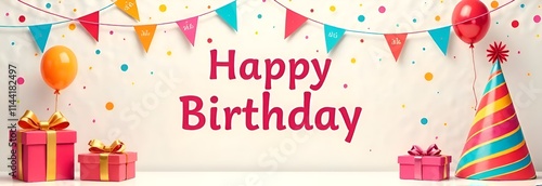 A joyful birthday banner adorned with a gifts and delightful balloons, perfect for celebrating someone's special day