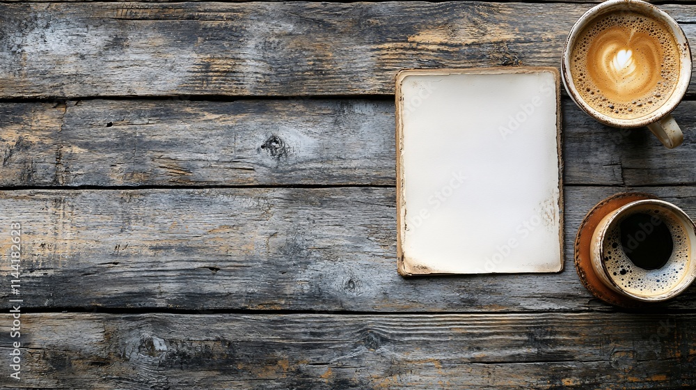 A rustic wooden table with a blank paper, leather notebook, and coffee cup, evoking a calm, inspiring workspace vibe. A rustic wooden table with a blank paper, leather notebook, and coffee cup, evoking a calm, inspiring workspace vibe.