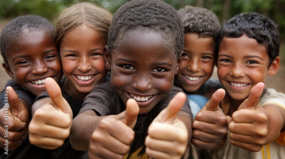 Obraz premium Diverse Group of Happy School Children Giving Thumbs Up Together in a Close Up Portrait