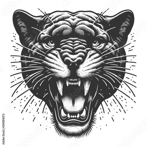 fierce roar growling panther head. Tattoo design, evoking a wild and powerful presence sketch engraving generative ai vector illustration. Scratch board imitation. Black and white image.