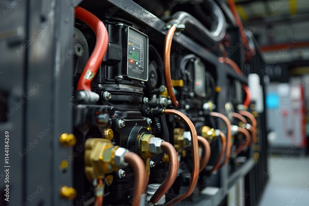 Close up of a complex industrial system with copper pipes, wires, and a digital display, showcasing the intricate workings of modern technology