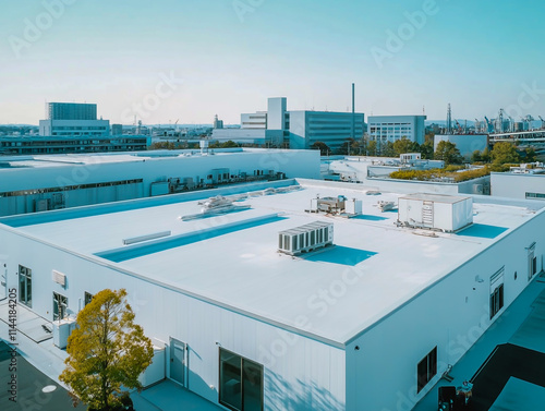 An image of an expansive white flat roof on a commercial building with a flat roof covered by a full skylight