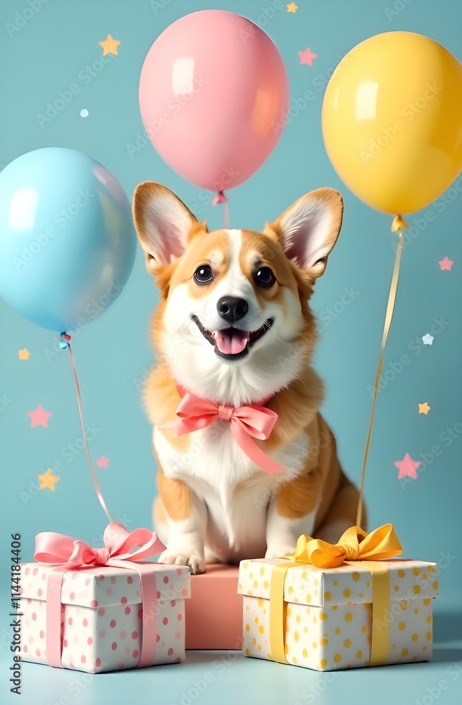 A corgi sits by gifts and balloons, saying happy birthday