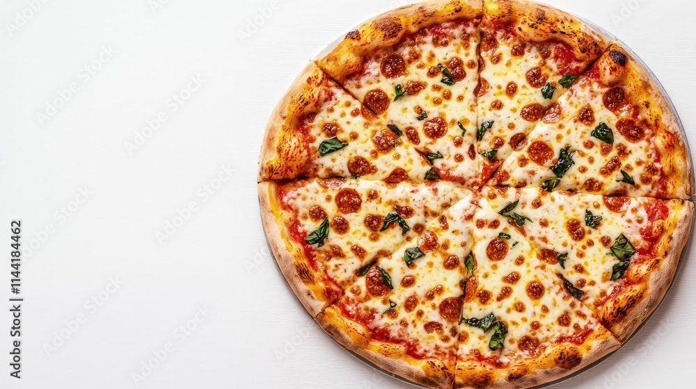 Delicious cheese pizza with basil on white background. Delicious cheese pizza with basil on white background.