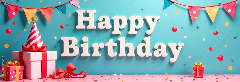 A joyful birthday banner adorned with a gifts and delightful balloons, perfect for celebrating someone's special day