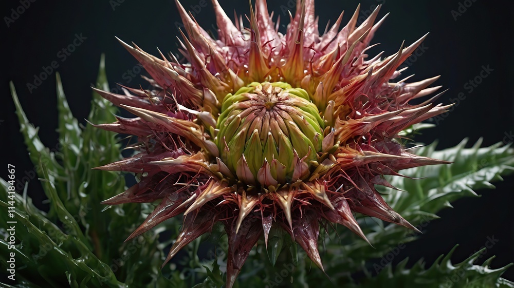A detailed render of a carnivorous flower with sharp petals, spiky textures, and a dangerous appearance. A detailed render of a carnivorous flower with sharp petals, spiky textures, and a dangerous appearance.