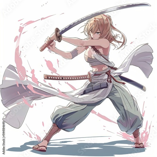 Blondehaired anime warrior dressed traditional Japanese attire swings katana powerful arc her motion blurred against stark white background photo