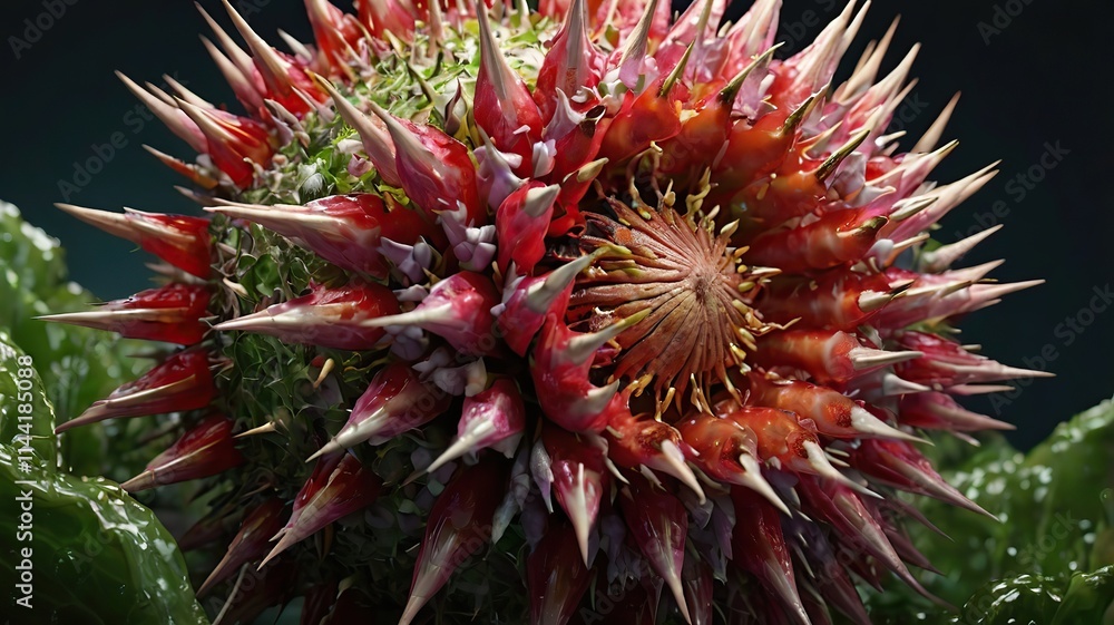 A detailed render of a carnivorous flower with sharp petals, spiky textures, and a dangerous appearance. A detailed render of a carnivorous flower with sharp petals, spiky textures, and a dangerous appearance.