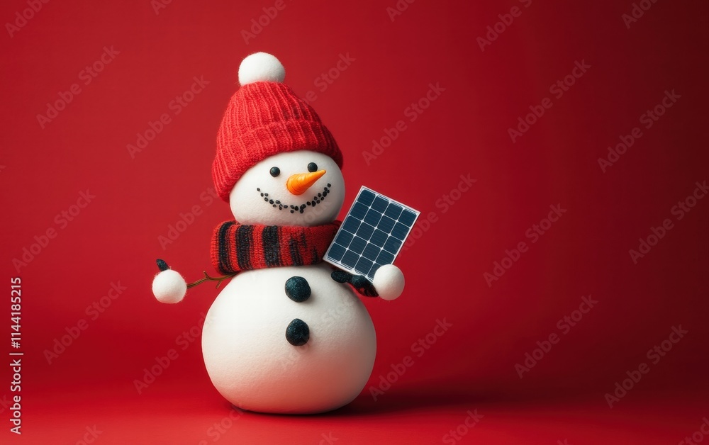 A cheerful snowman holding a small solar panels, set on a bold red background A cheerful snowman holding a small solar panels, set on a bold red background