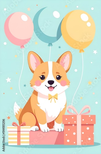 Obraz na płótnie A corgi sits by gifts and balloons, saying happy birthday w salonie