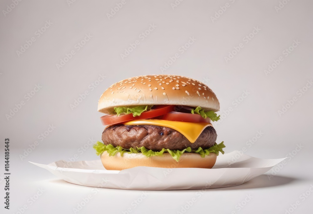 The delicious burger is viewed from above, isolated on a white background. The delicious burger is viewed from above, isolated on a white background.