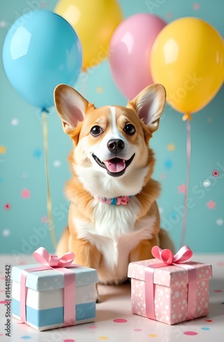 Obraz na płótnie A corgi sits by gifts and balloons, saying happy birthday w salonie