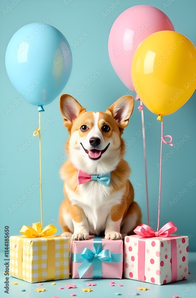 A corgi sits by gifts and balloons, saying happy birthday