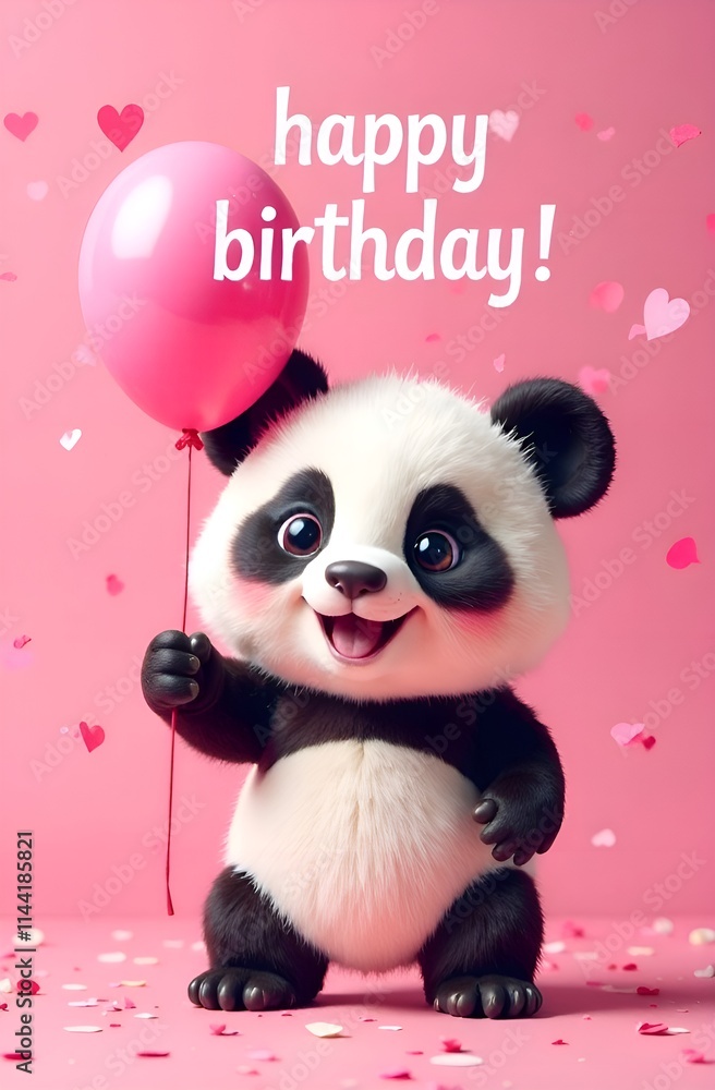 A cute panda bear is joyfully holding a vibrant pink heart shaped balloon