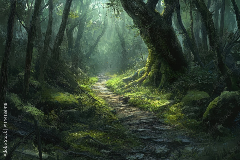 Obraz premium A sunlit path winds through a lush, mossy forest, ancient trees casting shadows.