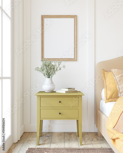Modern bedroom interior. Frame mockup. 3d render.