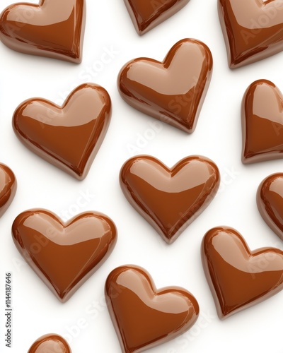 Shiny brown chocolate hearts arranged on white background.