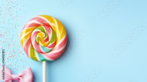 Rainbow swirl lollipop with pink bow on blue background.