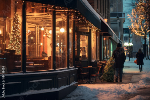 Man carrying pine Christmas tree. Cozy coffee shop. Holiday themed interiors with warm lighting and decorations photo