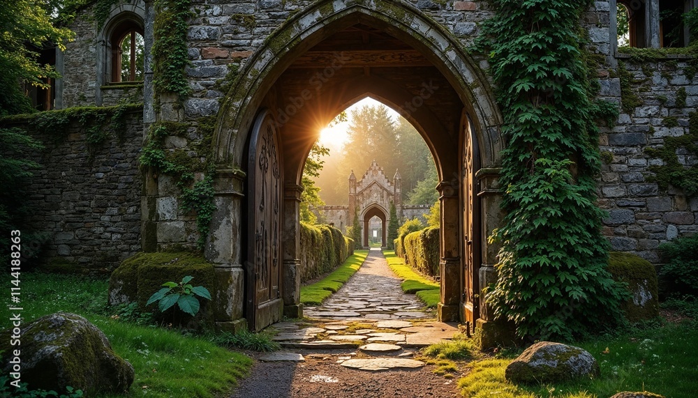 Obraz premium Entrance to an Irish castle with stone arches and ivy climbing the walls
