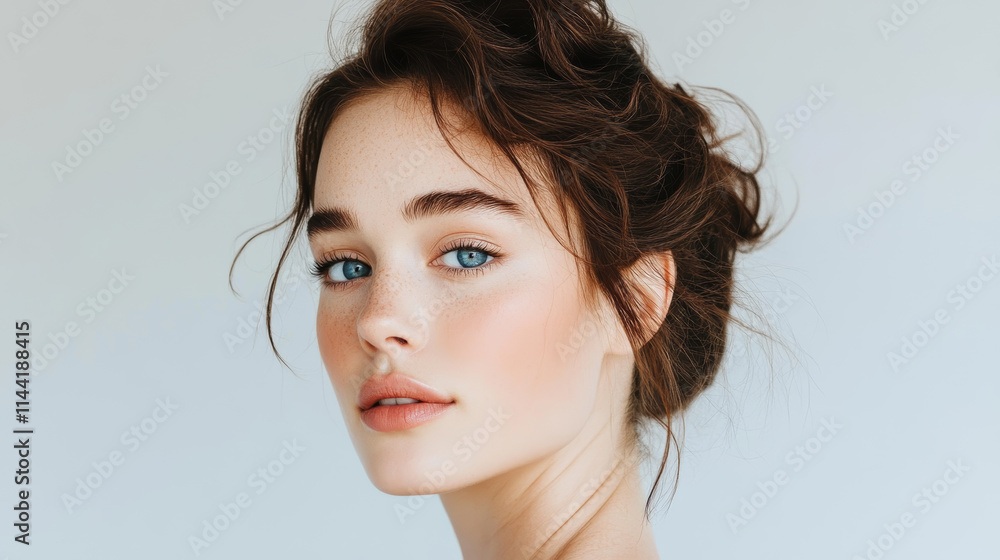 Young woman with an elegant updo poses gracefully against a soft backdrop in a serene indoor setting Young woman with an elegant updo poses gracefully against a soft backdrop in a serene indoor setting