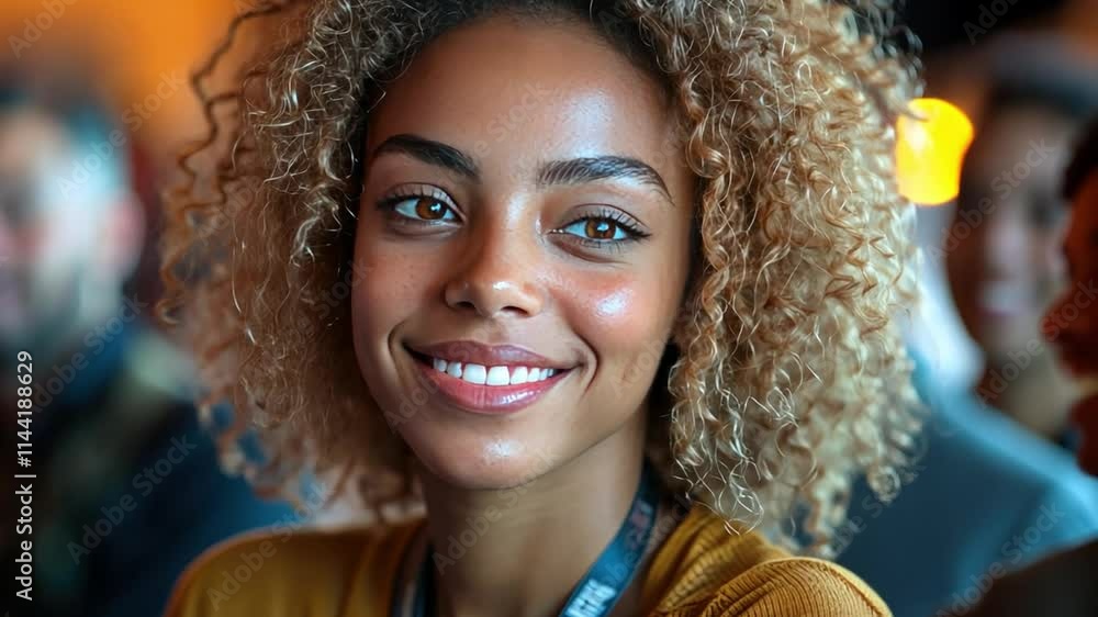 Radiant Confidence: A close-up portrait of a young woman with beautiful curly hair and a warm, genuine smile. Her radiant expression speaks volumes about self-assuredness and inner peace. Radiant Confidence: A close-up portrait of a young woman with beautiful curly hair and a warm, genuine smile. Her radiant expression speaks volumes about self-assuredness and inner peace.