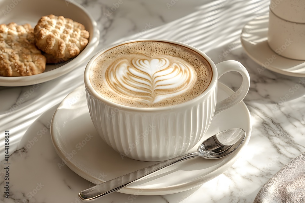 coffee cup with latte art served on a saucer, spoon, and cookies on a marble table