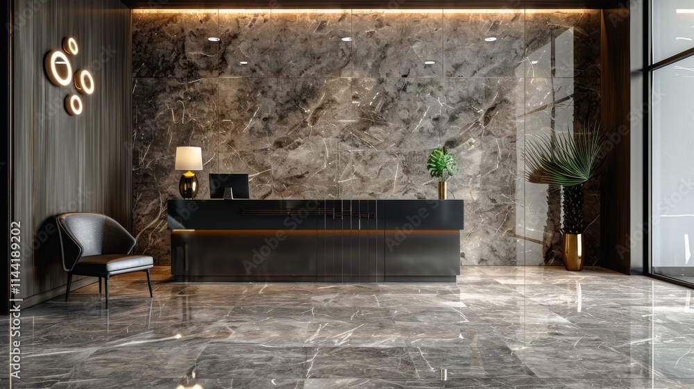 Luxurious modern lobby with marble walls and contemporary furniture Luxurious modern lobby with marble walls and contemporary furniture