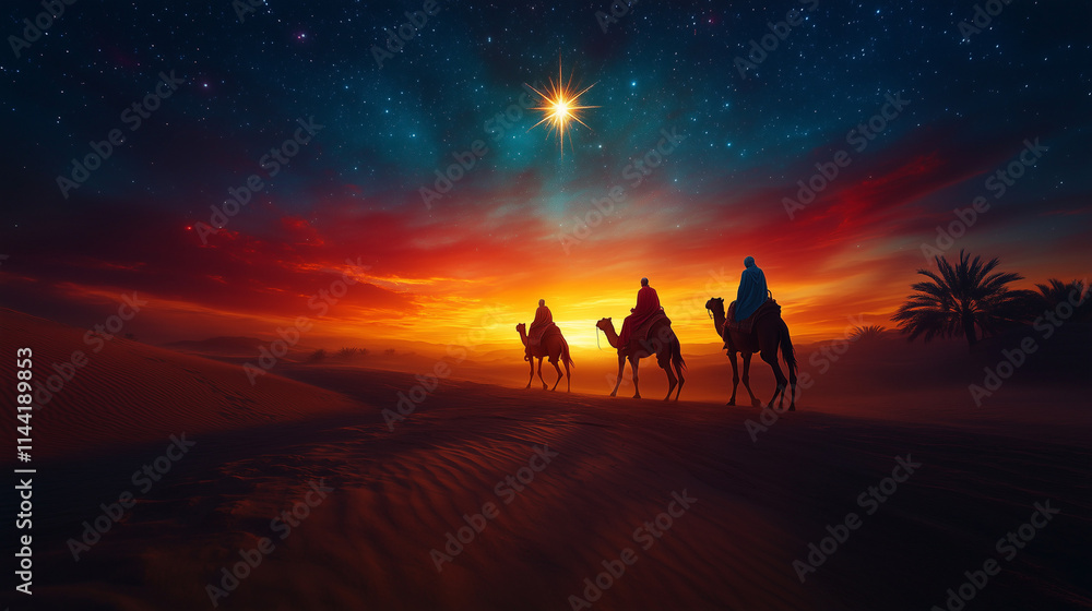 Three Kings on Camels Under Radiant Sunset in a Majestic Desert Journey Three Kings on Camels Under Radiant Sunset in a Majestic Desert Journey