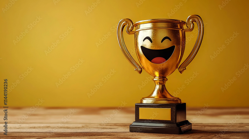 Golden trophy with a happy face emoji. Golden trophy with a happy face emoji.