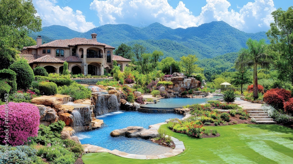 Fototapeta premium Luxurious mountain home with expansive pool and landscaped gardens.
