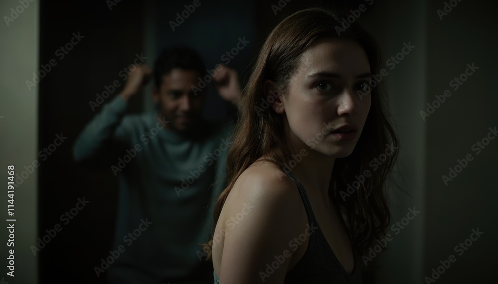 Woman in a dimly lit room looking over her shoulder with a man in the background. Dramatic cinematic portrait highlighting tension and fear. Awareness concept for National Stalking Awareness Month. Woman in a dimly lit room looking over her shoulder with a man in the background. Dramatic cinematic portrait highlighting tension and fear. Awareness concept for National Stalking Awareness Month.