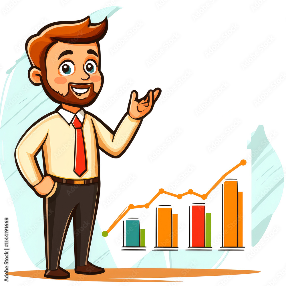 Happy businessman presenting upward trending graph. Happy businessman presenting upward trending graph.
