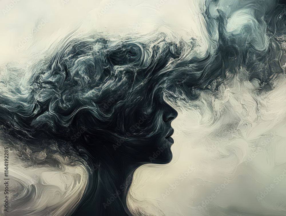 A woman's face is painted with smoke and the background is a cloudy sky A woman's face is painted with smoke and the background is a cloudy sky