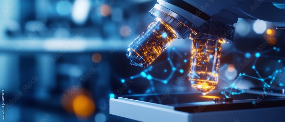A close-up of a modern microscope with illuminated samples, showcasing intricate details of scientific research and innovation in a laboratory setting. A close-up of a modern microscope with illuminated samples, showcasing intricate details of scientific research and innovation in a laboratory setting.