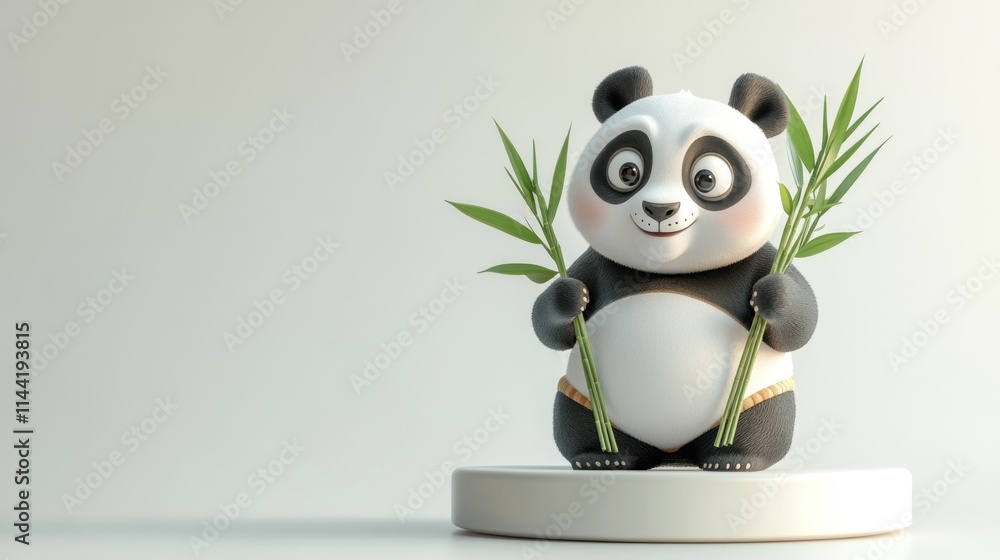 3D panda holding bamboo stems on white pedestal. 3D panda holding bamboo stems on white pedestal.
